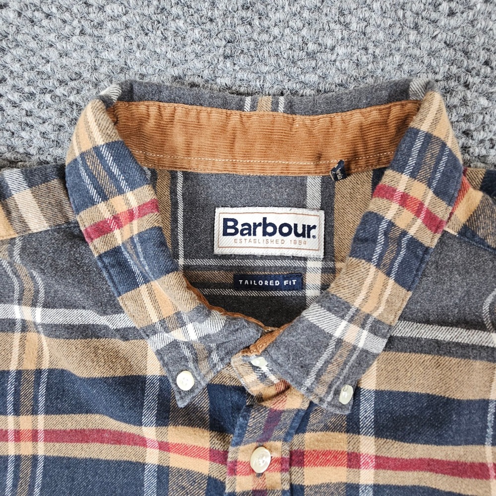 Barbour Tailored Fit Plaid Button Down Shirt Men L Grey Biege Soft Flannel - Picture 3 of 8